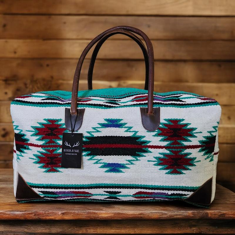 Boho Aztec Large Weekender Southwestern Duffel Bag Maren Saddle Blanket Bag 100% Leather Handles
