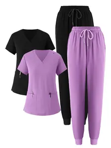 Women's Plus Size Elegant Solid Color Pocket Short Sleeve Top Drawstring Trousers Lab Coat Scrub Set Four-Piece Workwear in Blue Minimalist Vneck Uniforms