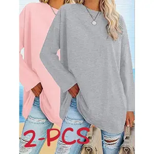 Women's Long Sleeve Round Neck Solid Color Casual Tops, Spring & Fall Fashion, Loose Fit Comfortable Wear, Daily Use Essentials, Knit Fabric Clothes