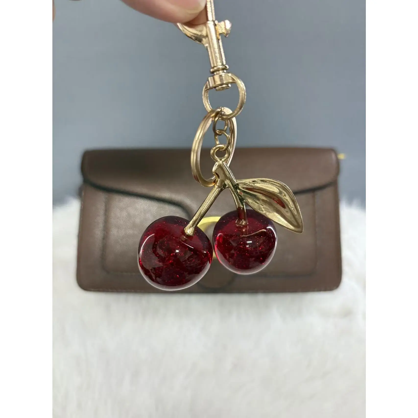 2-in-1 Mini Crossbody Purse & Keychain Set with Sparkly Red Cherry Gold Leaf Charm, Y2K Vintage Sweet Girly Gym Accessory, Birthday Gift for Women