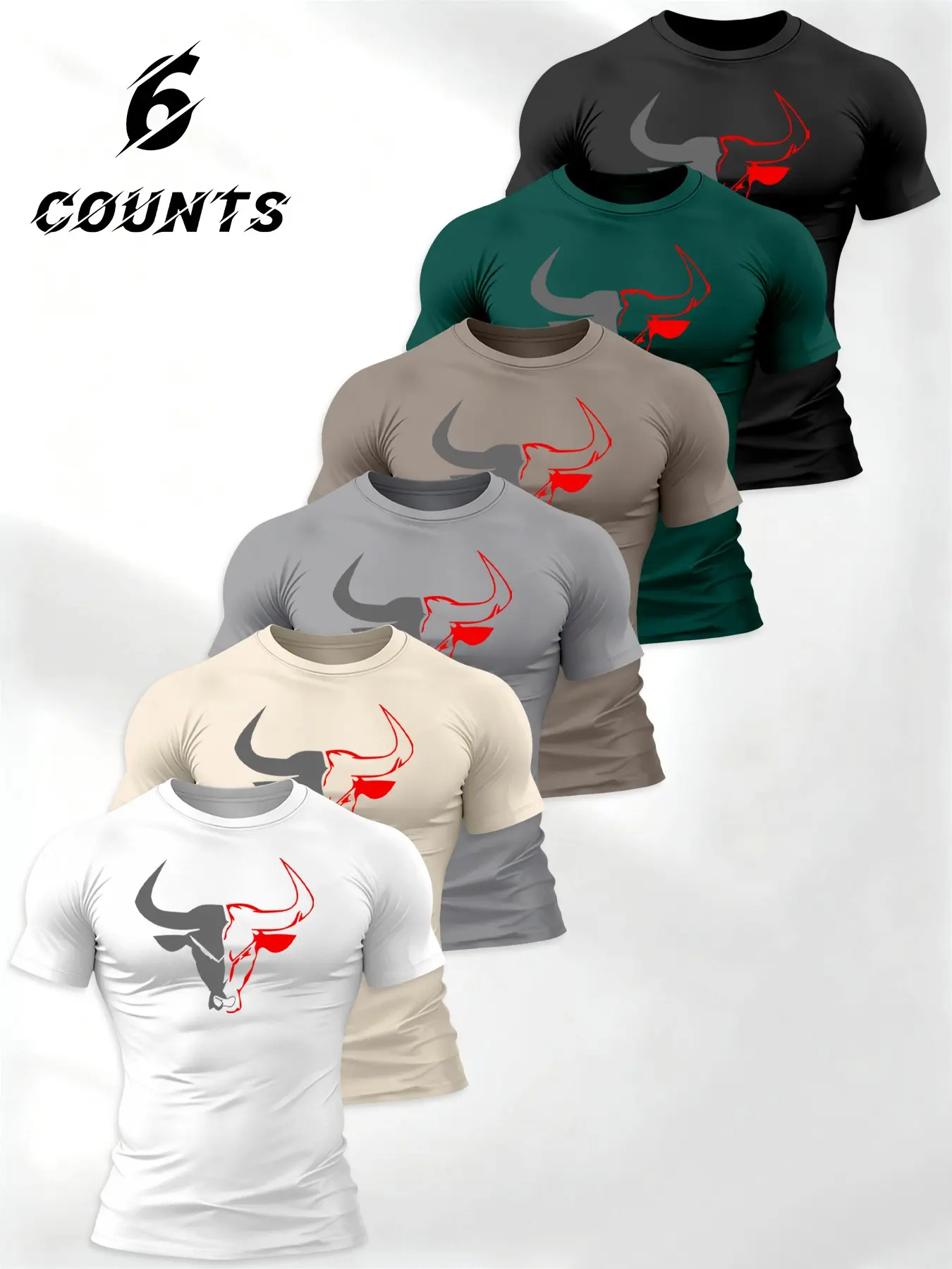 Men's Casual Sports 6-Piece Set, Active Sportswear, Athletic Fashion, Stretchy Short Sleeve Top, Sporty Round Neck, Fashion Block Print, Soft Comfortable Fit, Outdoor Sport & Training Tee