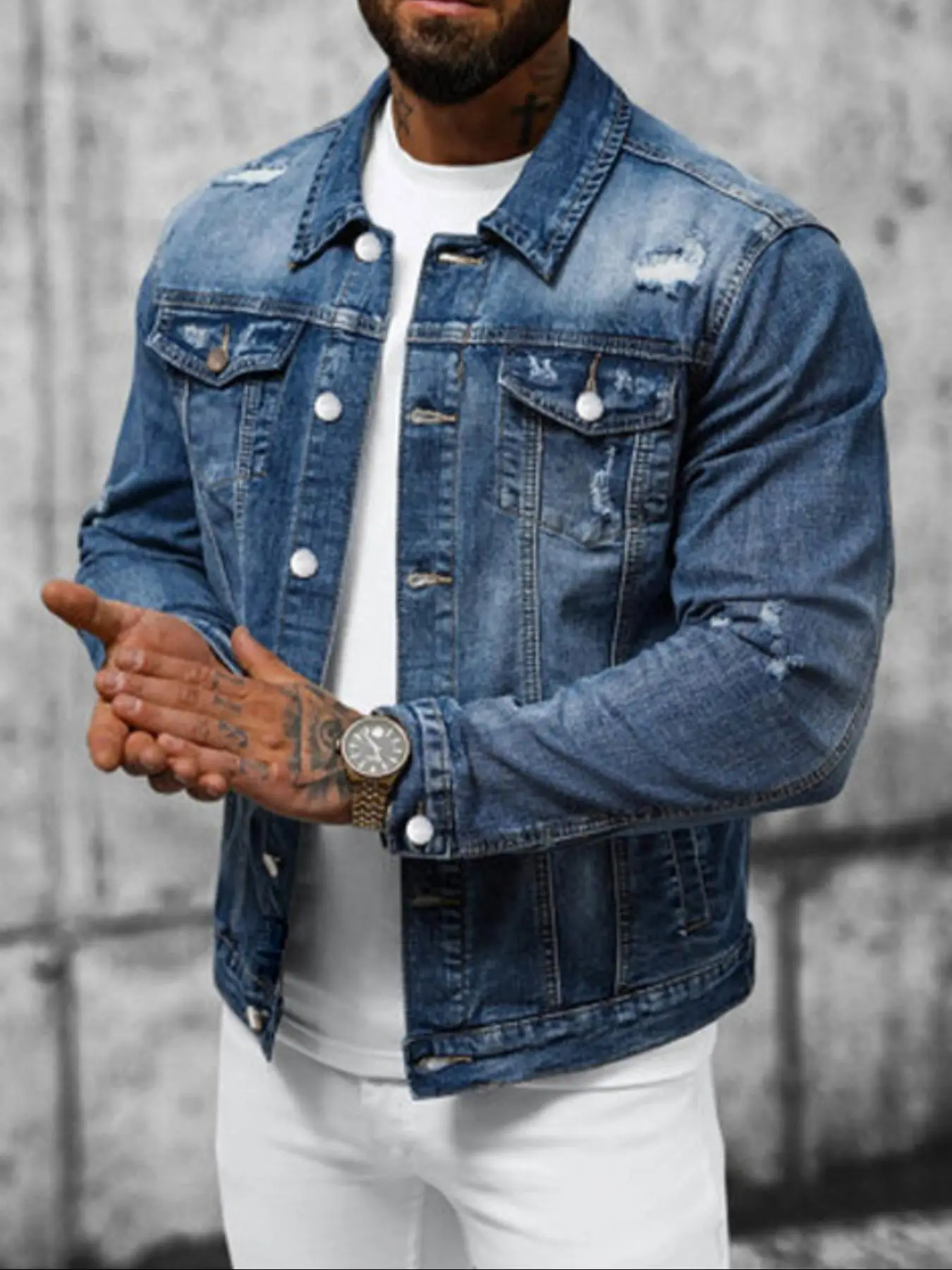 Men's Regular Fit Washed Distressed Ripped Button Front Denim Jacket, Vintage Trendy Casual Pocket Long Sleeve Collared Denim Outerwear for Daily Wear, Men's Clothing, Menswear, for All Seasons, Cotton, Coats, Solid Ripped Jacket, Casual Lapel Jacket