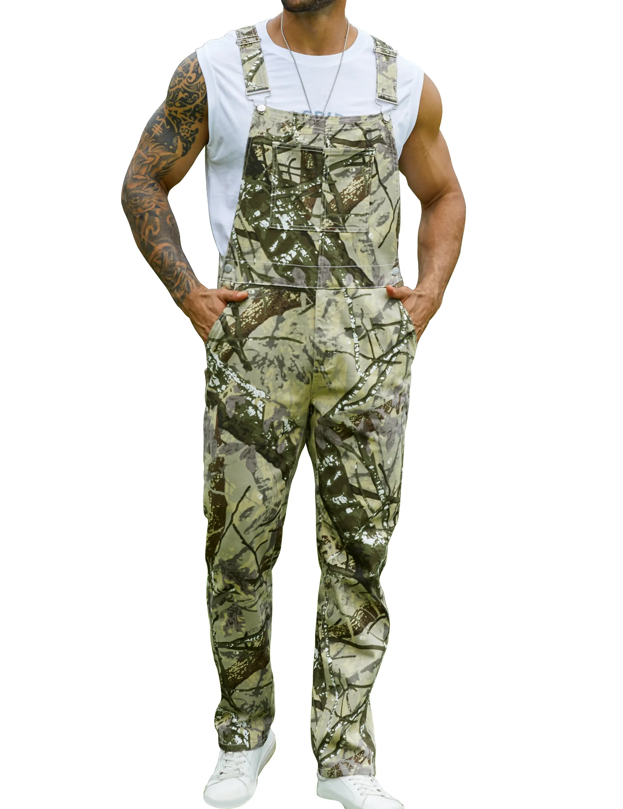 OPDNBON Fall Winter Camo Bibs Overalls for Men Adjustable Straps Work Utility Coveralls Camouflage Jumpsuit Pocket Redneck Overall