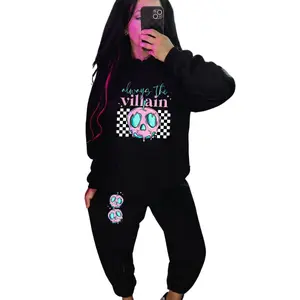 Always the Vill$in Sweatshirt Outfit w/ Matching Sweatpants,  Checkered Grpahic & 90s Nostalgia | Grunge Alt Retro Vibes Crewneck Casual Skull Cotton