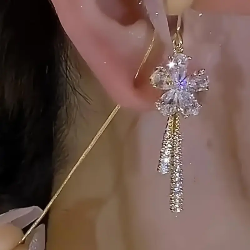 Fashion Artificial Crystal Decor Flower Design Threader Earrings, Elegant Jewelry for Women & Girls, Trendy All-match & Exquisite Jewelry for Party, Daily Decor, Gift for Birthday, Fashionable Earrings, Shining Earrings, Earrings for Decorative