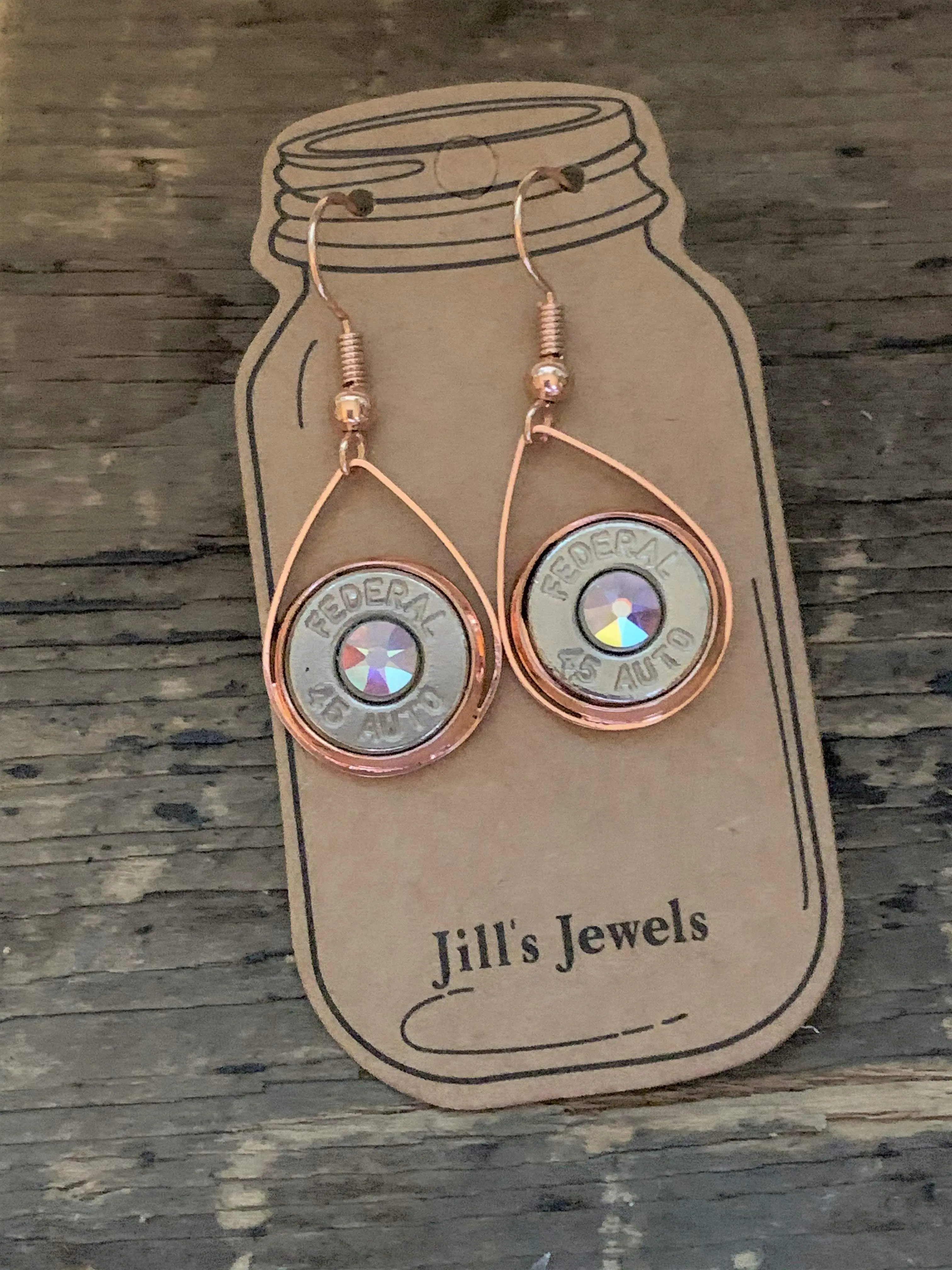 45 caliber rose gold tear drop bullet earrings