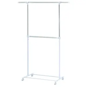 Chrome 2 Tier Adjustable Garment Rack with Silver Metal and White Rod, Versatile Design for Clothing Storage