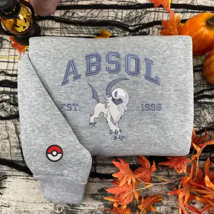 Vintage Absol Pokem0n Embroidered Sweatshirt, PKM Matching Emdroidery Sweatshirt, Full Cartoon Characters Sweater, Trendy Unisex Crewneck Sweater For Men And Women, New Year's Gifts