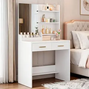 Elegant White Vanity Table with Mirror 2 Drawers 3 Open Shelves Makeup Desk for Bedroom Dorm Apartment Modern Design