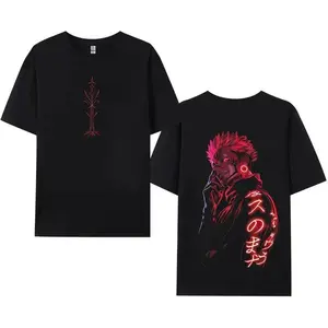 Men's Graphic T-Shirts - Jujutsu Kaisen Ryomen Sukuna Fluorescent Red Short-Sleeve Streetwear Tshirt, Heavyweight Cotton, Ultra-Oversized Fit, Double-Sided Print Casual Menswear Top for Anime Enthusiasts