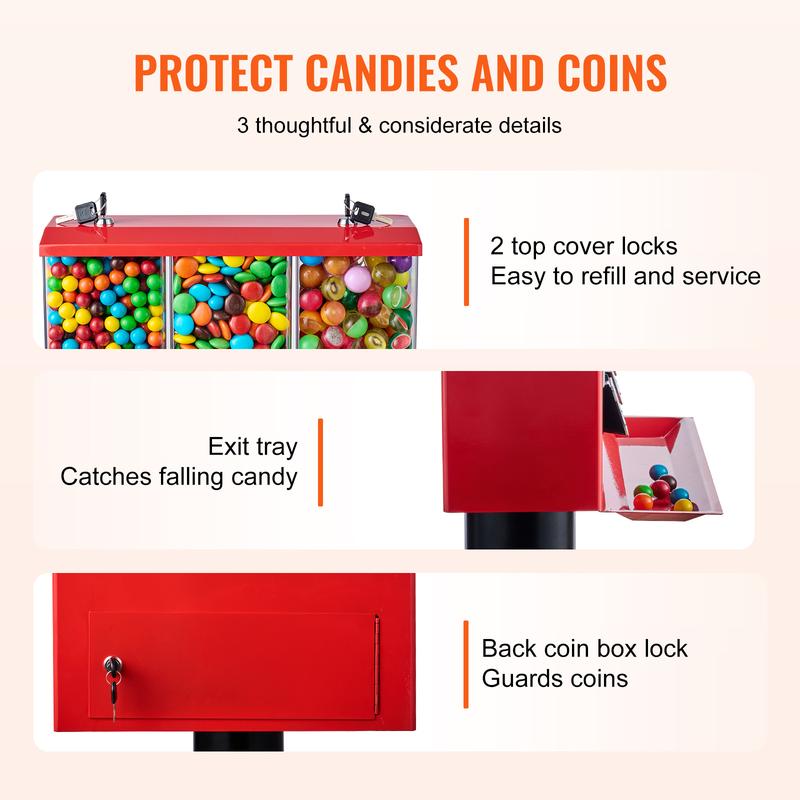 VEVOR Commercial Vending Machine,  , Triple Compartment Candy Dispenser with Iron Stand, Gumball and Candy Machine for Business, Coin Operated Gumball Bank for Toy Capsules Bouncy Balls Candy Nut, Red