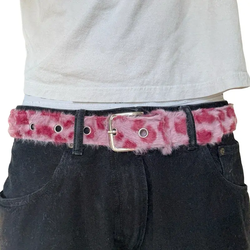 Pink Faux Fur Leopard Print Belt, Unisex Fashion Accessory for Men and Women Pink Faux Fur Leopard Print Belt, Unisex Fashion Accessory for Men and Women
