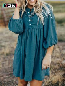 women's plain button front smock dress, casual chic bishop sleeve stand collar short casual dresses for spring & fall, womenswear for daily wear, birthday clothes