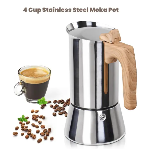 4 Cup Stainless Steel Moka Pot 304 Stovetop Espresso Coffee Maker Italian Style Greca Cafe Brewer 200ml Camping Travel Mother Birthday Gift