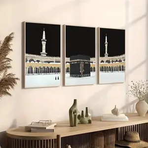 3 Pieces Optional Wooden Frame Kaaba Mecca Canvas Art Print Islamic Holy Land Landscape Wall Decor Home Living Room Bedroom Office Classroom Decor Salon Wall Poster
