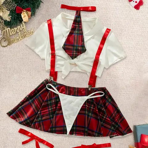 Christmas Sexy Plaid Print Lingerie Set, Includes Crop Top, Leg Straps, Thong, Tie & Skirt with Adjustable Straps, Perfect for Cosplay Costumes