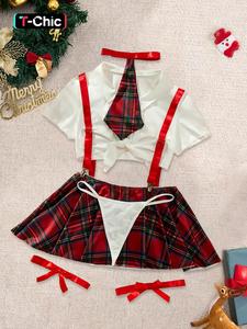 women's plain crop top & plaid print pleated suspender skirt & thong & tie & bow decor thigh band set, sexy school girl adjustable costume set, lingerie for women, women sexy lingerie, women's lingerie & underwear for all seasons, clothes, womenswear