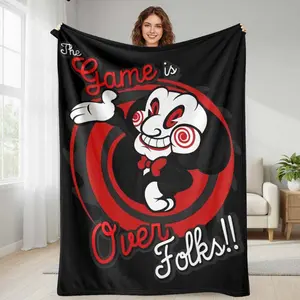 Game Over Cartoon Style Flannel Blanket Red Black Spiral Print Soft Cozy Warm Decorative Throw for Living Room Bedroom Sofa Office Gift