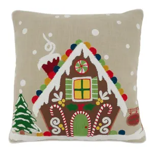 SARO 1171.N18SP 18 in. Square Natural Gingerbread House Throw Pillow with Poly Filling