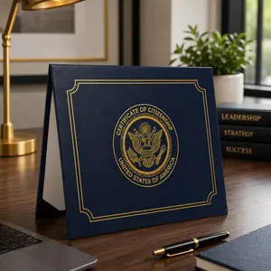 US Citizenship Certificate Holder, Navy PU Naturalization Case with Gold Foil Embossing, Padded Protection, Faux Leather Corner Tabs, Dustproof Elegant Design for 2018-2026 Standard Size Certificates, Congratulatory Present for New Citizens