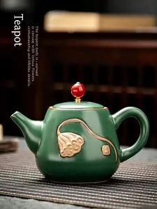 300ml Traditional Celadon Green Glaze Embossed Zen Lotus Seed Pod Gongfu Teapot - Sturdy Oriental Buddhist Ceramic Kettle with Peaceful Vibe, Smooth Spout for Easy Pour, Home Collectibles & Cultural Use