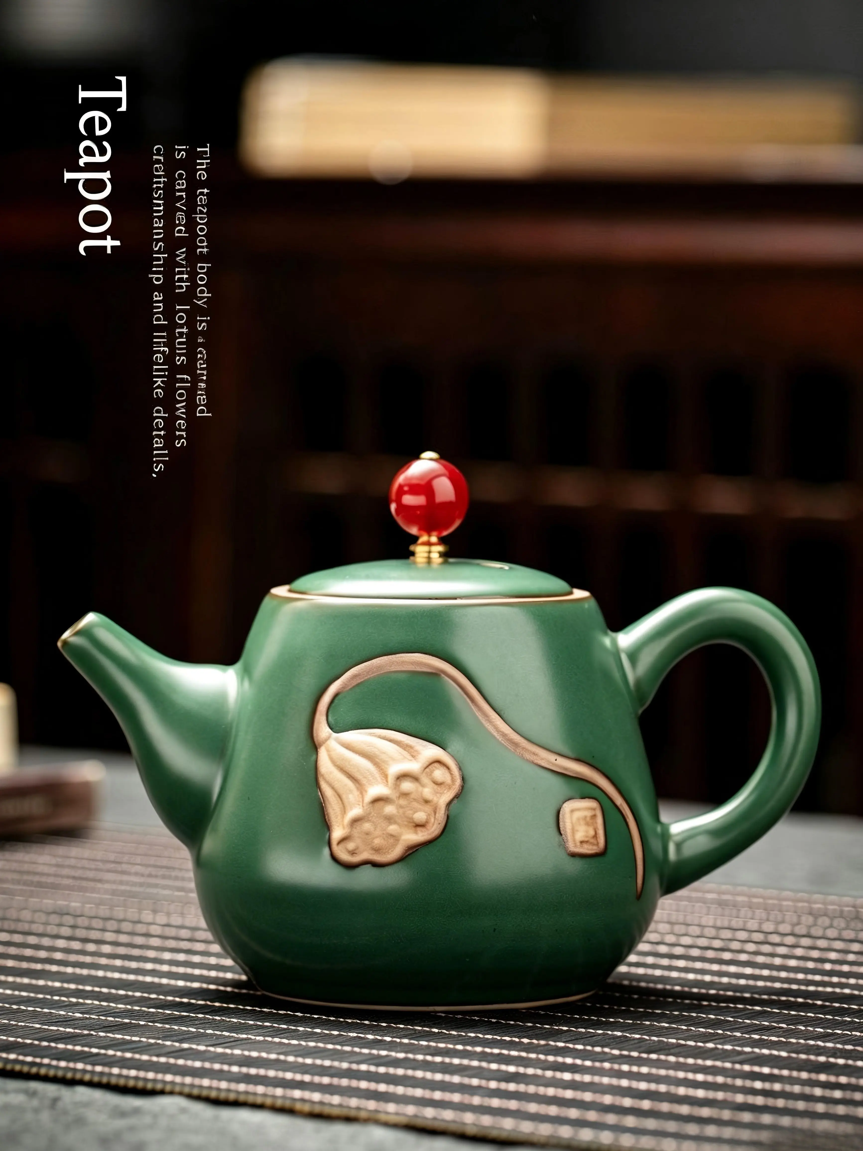 300ml Traditional Celadon Green Glaze Embossed Zen Lotus Seed Pod Gongfu Teapot - Sturdy Oriental Buddhist Ceramic Tea Pitcher, Smooth Spout, Well-Balanced Body, Kitchenware (0-500 ml Range), Birthday Gift for Cultural Pottery Collectors, Peace, Pour