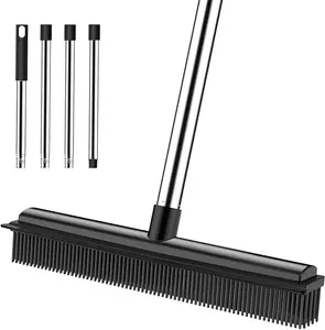 Rubber Broom, 2 in 1 Pet Hair Removal Broom with Squeegee 51-in Adjustable Long Handle Carpet Broom for Cleaning Carpet Hardwood Floor Tile Window, Black