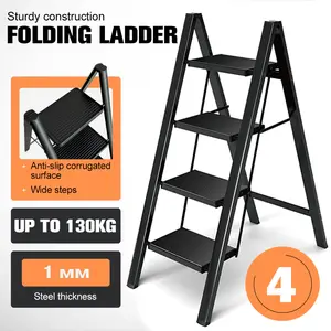 4 Step Ladder Folding Iron Step Stool Stepladders with Anti-Slip and Wide Pedal for Home and Kitchen Use Space Saving (Black)