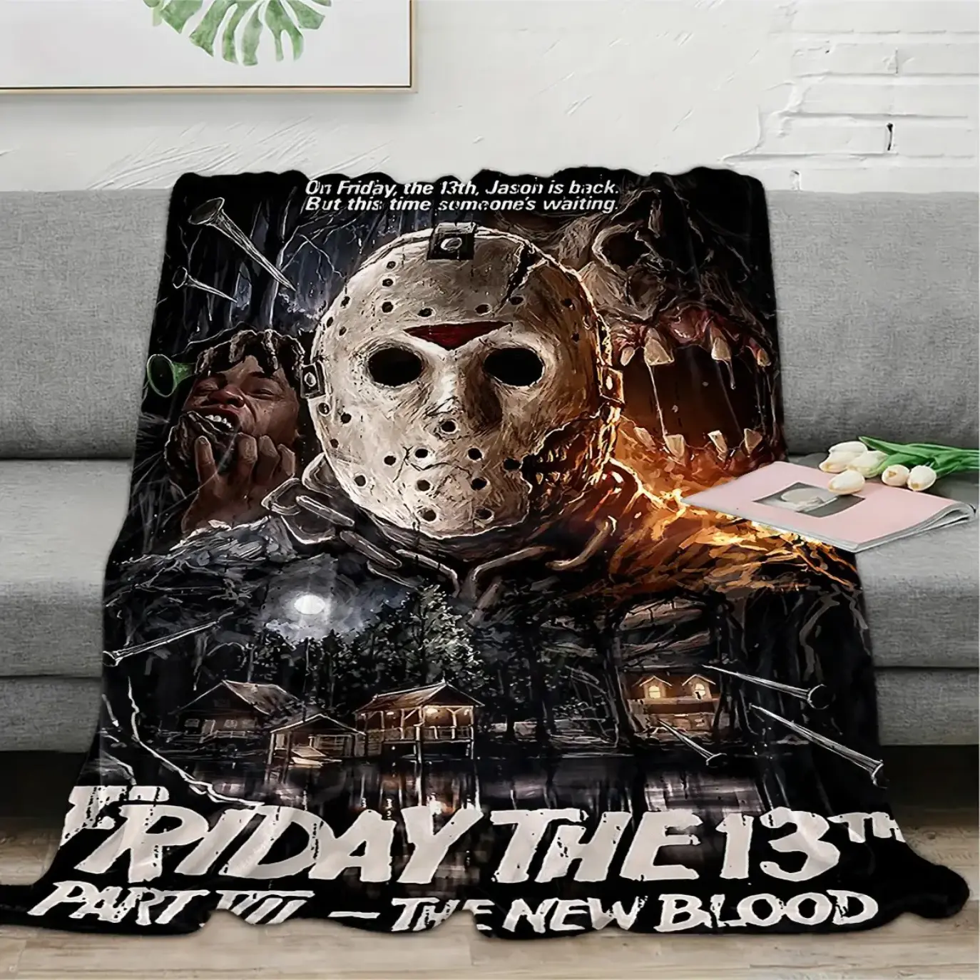 Friday The 13th Part VII Movie Halloween Throw Blanket, Jason Voorhees Horror Character Graphic Blanket, Scary Movie Inspired Soft Cozy Plush Blanket, Halloween Theme Bedroom Decor, Couch Sofa Cover, Horror Fans Gift