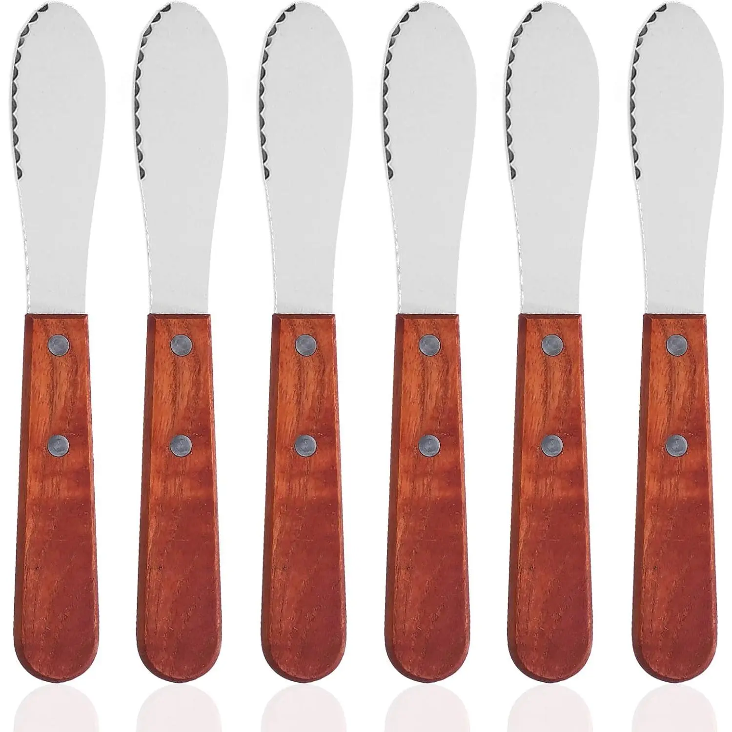 8 Inch, 6 Pack Stainless Steel Straight Edge Wide Butter Spreader with Wood Handle, 8 Inch Sandwich Cream Cheese Condiment Knives