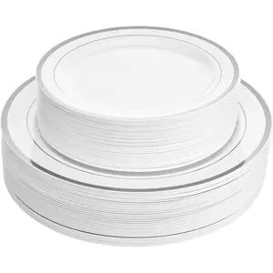 60 Silver Rimmed Plastic Plates for Party-Set of 30 Dinner and 30 Dessert Plates for Weddings and Special Events, Fancy Disposable Tableware