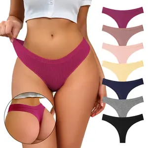 Hotcom Women's Pure Cotton Seamless Ribbed Thong Panties Set of 7/14 Breathable Fabric Simple Comfort Everyday Wear Plain Color Thong Style