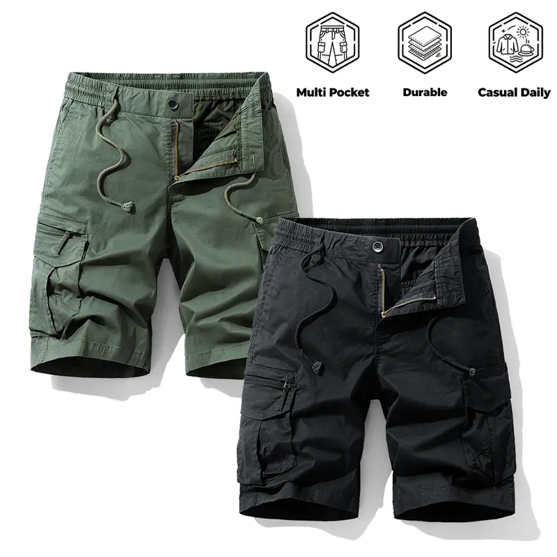 2 Pack Men's Stretch Cotton Cargo Shorts Elastic Drawstring Waist Multi Zipper Pockets Durable Casual Work Outdoor Summer Shorts casual cargo short Versatile breathable solid hiking men daily everyday trending activity clean outing simple holiday