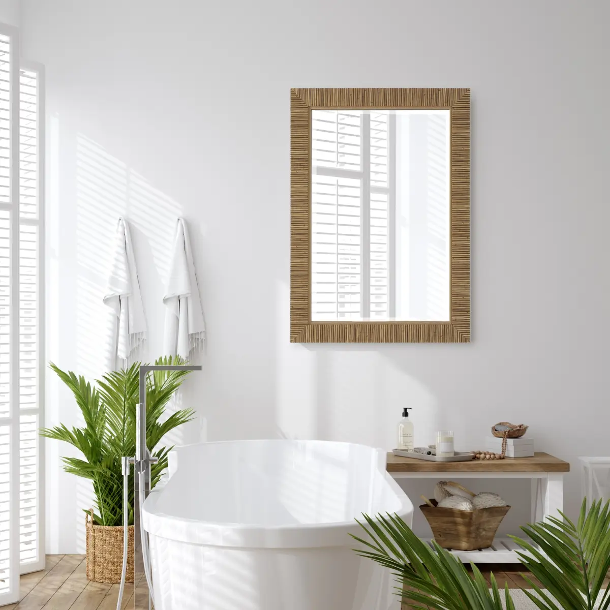 212 Main Rattan Rectangle Mirror - 25x35x2 in, Authentic Looking Natural Finish Wall Decor, Bathroom Use Home Accent Piece with Warmth and Texture