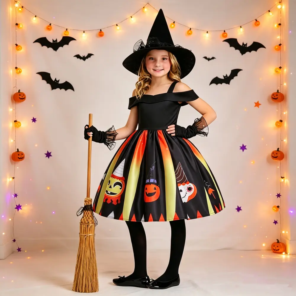 015 ( Only dress ) Halloween children's costumes for girls role-playing witch pumpkin performance dress girl princess dress