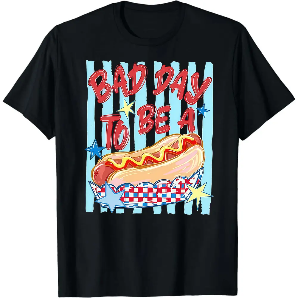 Funny Graphic T-Shirt, 'Bad Day To Be A Hot Dog' Casual Soft Short Sleeve Top for 4th of July & Memorial Day