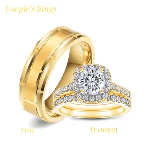 Elegant 14K Gold Plated Wedding Ring Set for Couples – Engagement & Ceremony Jewelry