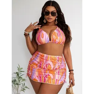 Pink Orange Abstract Marble Print Plus Size Bikini - 3 Piece Swimsuit with Halter Triangle Top, Tie Side Bottoms & Ruched Mini Skirt Cover Up - Sexy Tropical Swimwear for Curvy Women Beach Poolside 2026