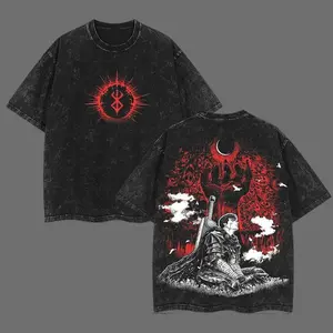 Berserk Guts Black Knight Vintage Washed T-Shirt, Dark Gothic Anime Manga Graphic Tee, Double-Sided Wolf Armor Print, Oversized Cotton Streetwear Shirt for Men & Women, Casual Fantasy Short Sleeve Top, Trendy Dark Aesthetic Outfit, Gift for Berserk Fans