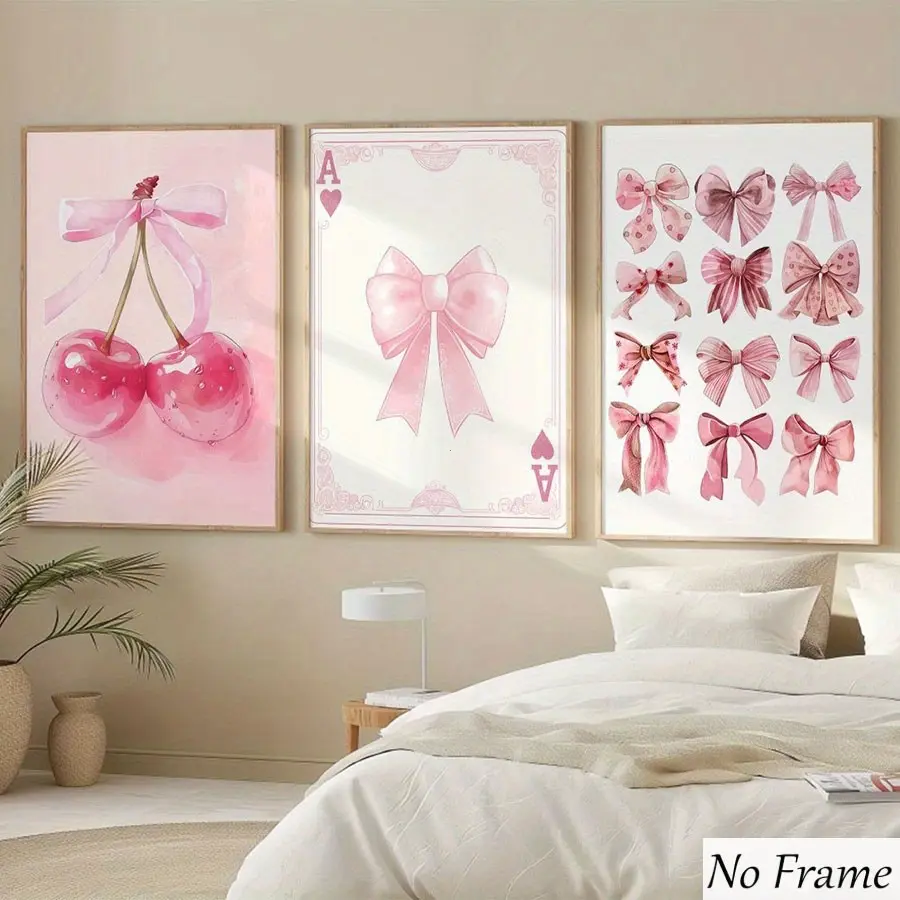 3-Piece Cherry Bow Canvas Art Set, Cute Girls Bedroom & Dining Room Decor, Above Bed Wall Decor, Unframed Modern Home Decor Indoor Wall Decoration Items, Floral Wall Art