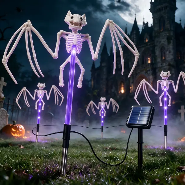 4-Pack Halloween Skeleton Bat Solar Ground Decor Stakes, Spooky Purple Glow Outdoor Ornaments for Lawn, Patio, Grave, Holiday Party Photo Props