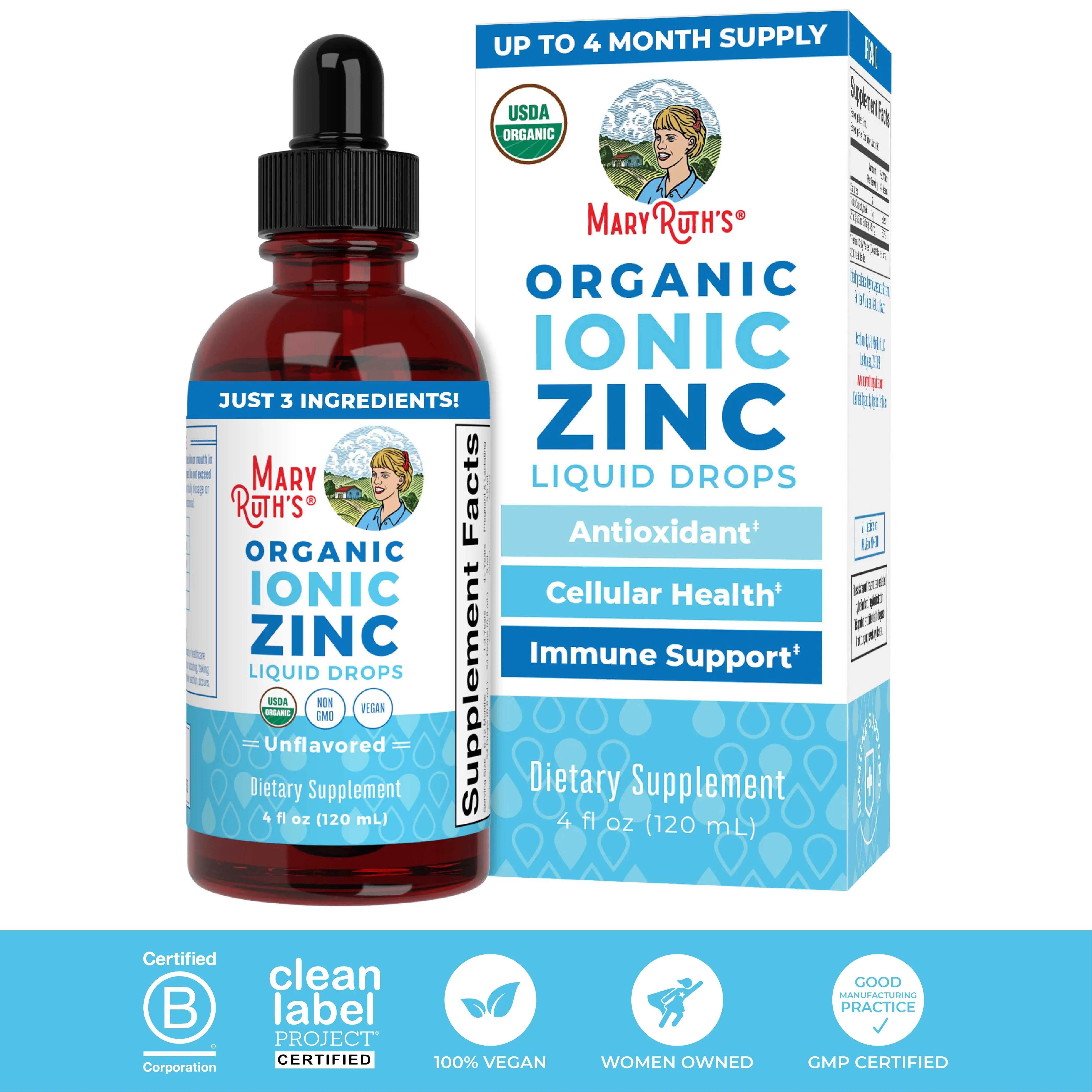 MaryRuth's Organic Liquid Ionic Zinc Drops - Immune Support - Zinc Sulfate for Kids & Adults - 40 Day Supply - Skin Care - Vegan - Gluten Free - 4 oz