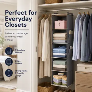 5-Tier Foldable Fabric Hanging Closet Organizer with Side Pockets, Shelves for Clothes, Sweaters, Towels – Ideal for Bedroom, Dorm Storage