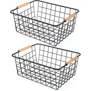 Black 2 count Wire Storage Baskets with Wooden Handles - Organizing Pantry and Kitchen Cabinets - Metal Wire  Storage Basket