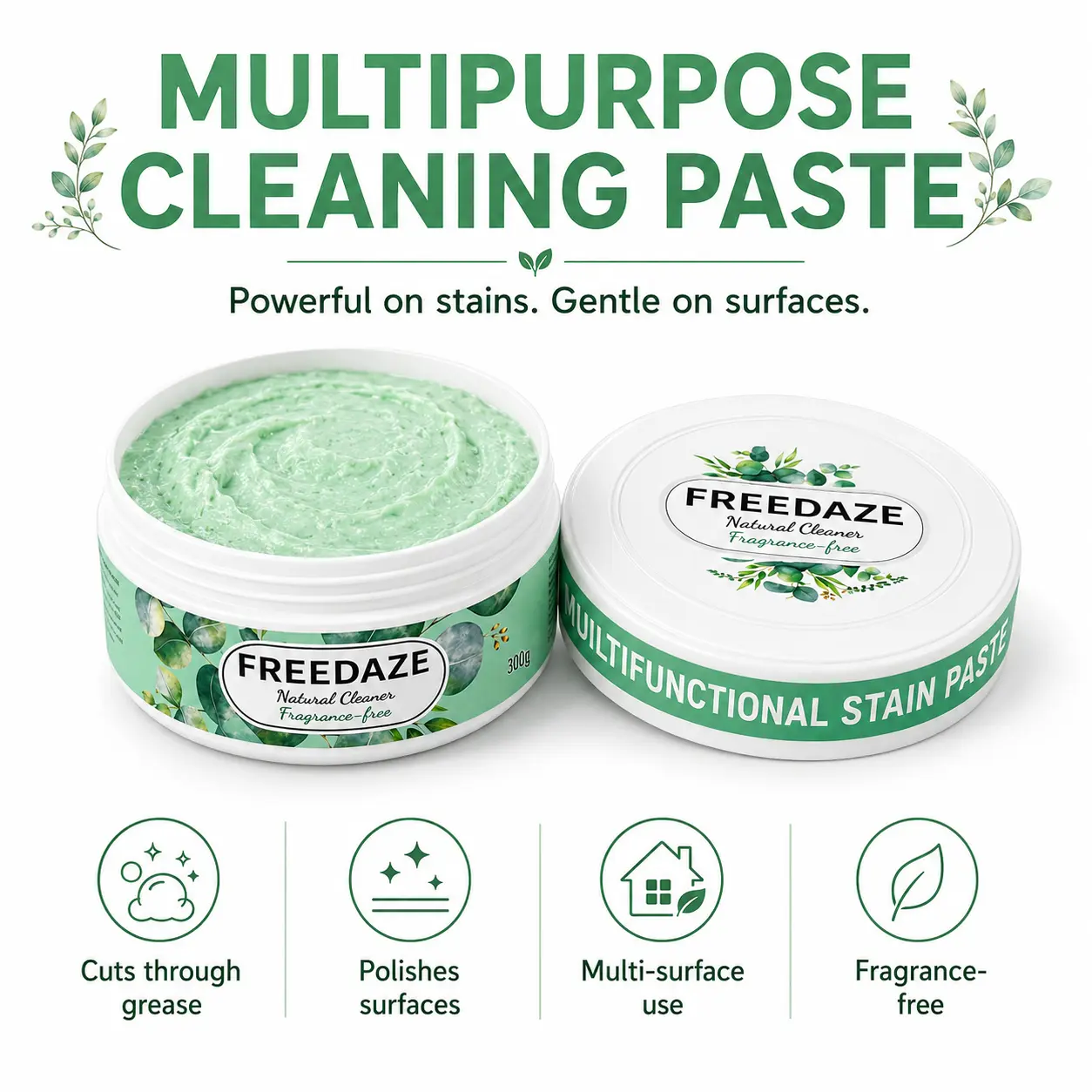 FREEDAZE Multi Purpose Cleaning Paste (300g) - Natural Fragrance-Free Home Cleaning Products, Anti-Stain Gunk Removal All-Purpose Cleaners, Grease Stain Remover, Home Supplies with Sponge for Stovetop, Oven, Household, Scented