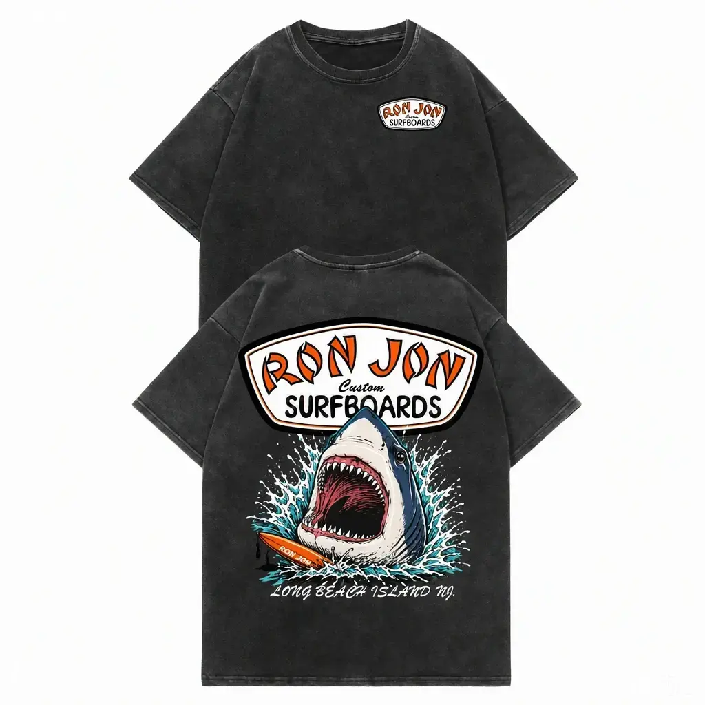 Shark Bite Custom Surfboards Great White Shark Double Sided Unisex Washed Surf T-shirt Mens Vintage Acid Wash Graphic Tee, Oversized Beach Shirt, Summer Ocean Streetwear, Drop Shoulder.Y2K retro, Harajuku style, Mens streetwear, Graphic tee