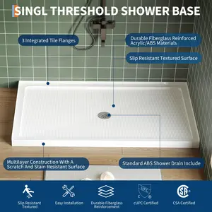 Garvee 60x32 Inch ABS Shower Base and Tray with Center Drain, Single-Threshold Design, Non-Slip Textured Surface, Includes Drain Kit for Easy Installation