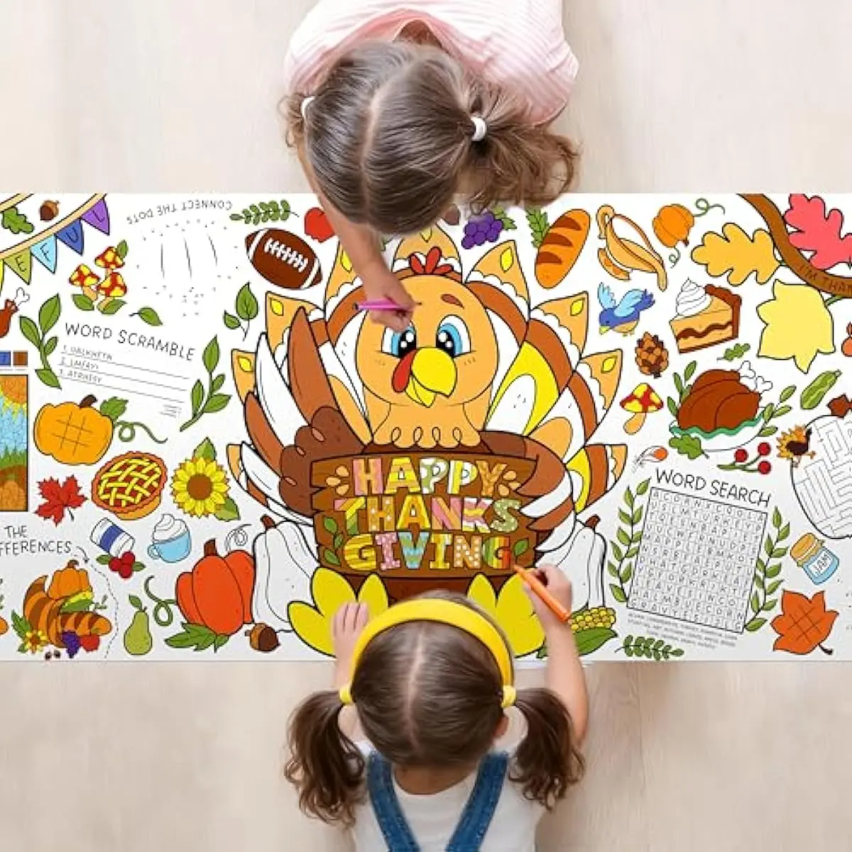 Thanksgiving Decorations Giant Coloring Poster Tablecover, 30 x 72 Inches Thanksgiving Turkey Themed Tablecloth for, Versatile Coloring Crafts Kit for Fall School Party Supplies, Special Events