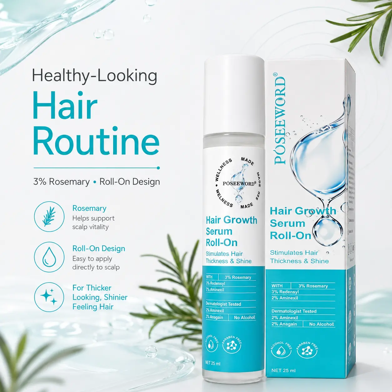 POSEEWORD Rosemary Hair Serum Roll-On, 3% Rosemary with Redensyl & Aminexil, Lightweight Non-Greasy Scalp Serum, Daily Root & Hair Care, 25 mL
