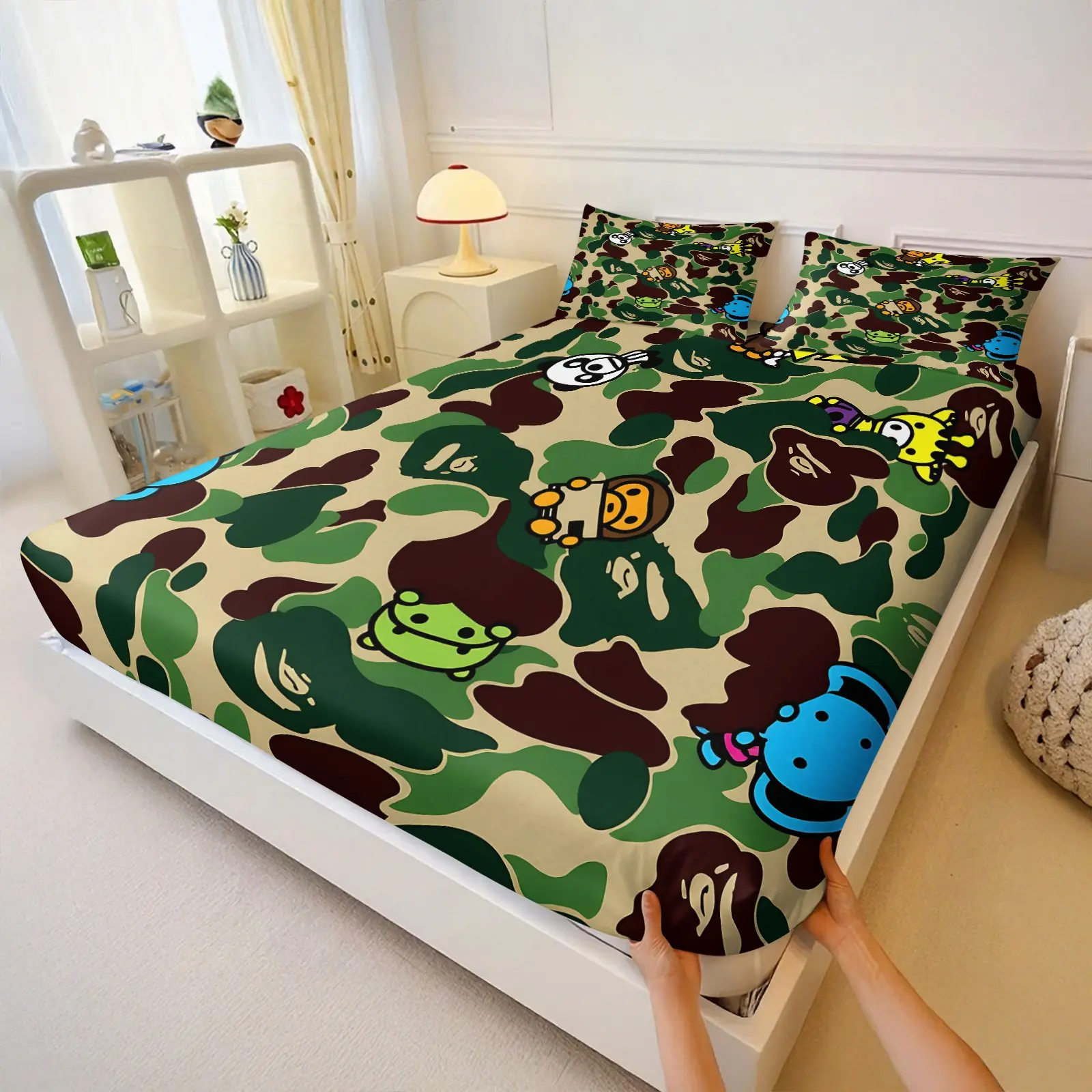 3Pcs Retro Camo Cartoon Animal Fitted Sheet Set No Fillers, Army Green Camouflage Print Bed Sheet Set, Streetwear Style Bedding Set with 2 Pillowcases, Deep Pocket Bedding for Boys Teens Bedroom Decor, Bed Linens, Bedsheet Sets, Bedding Sheets